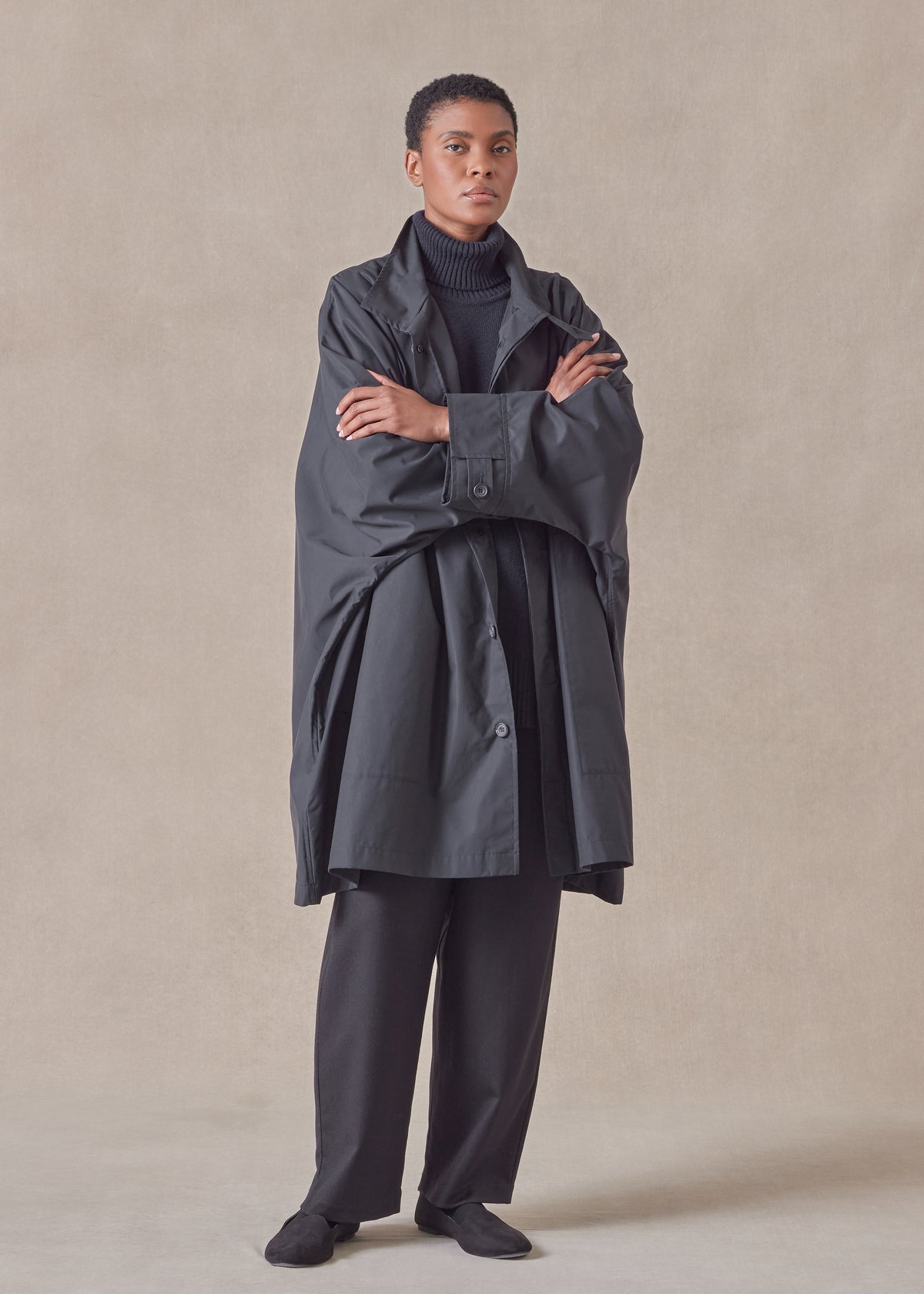 cotton mix extra wide sloped shoulder raincoat with tabs - very long