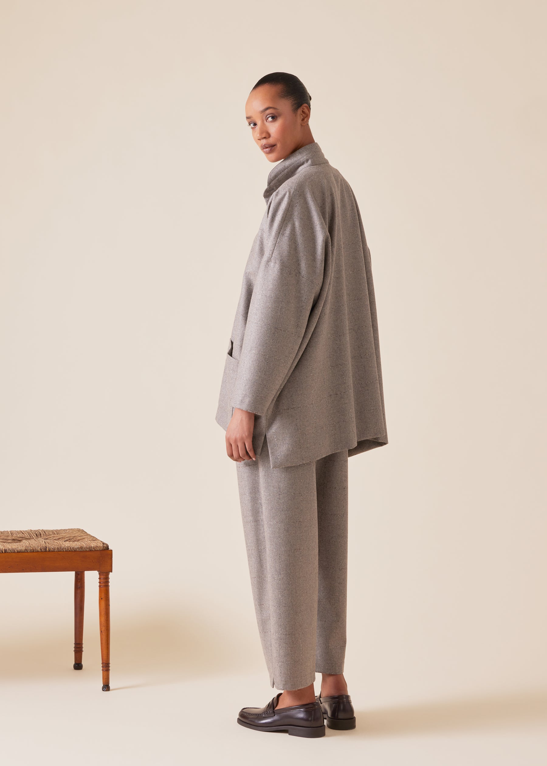 wool cashmere mix wide longer back double stand collar jacket - long