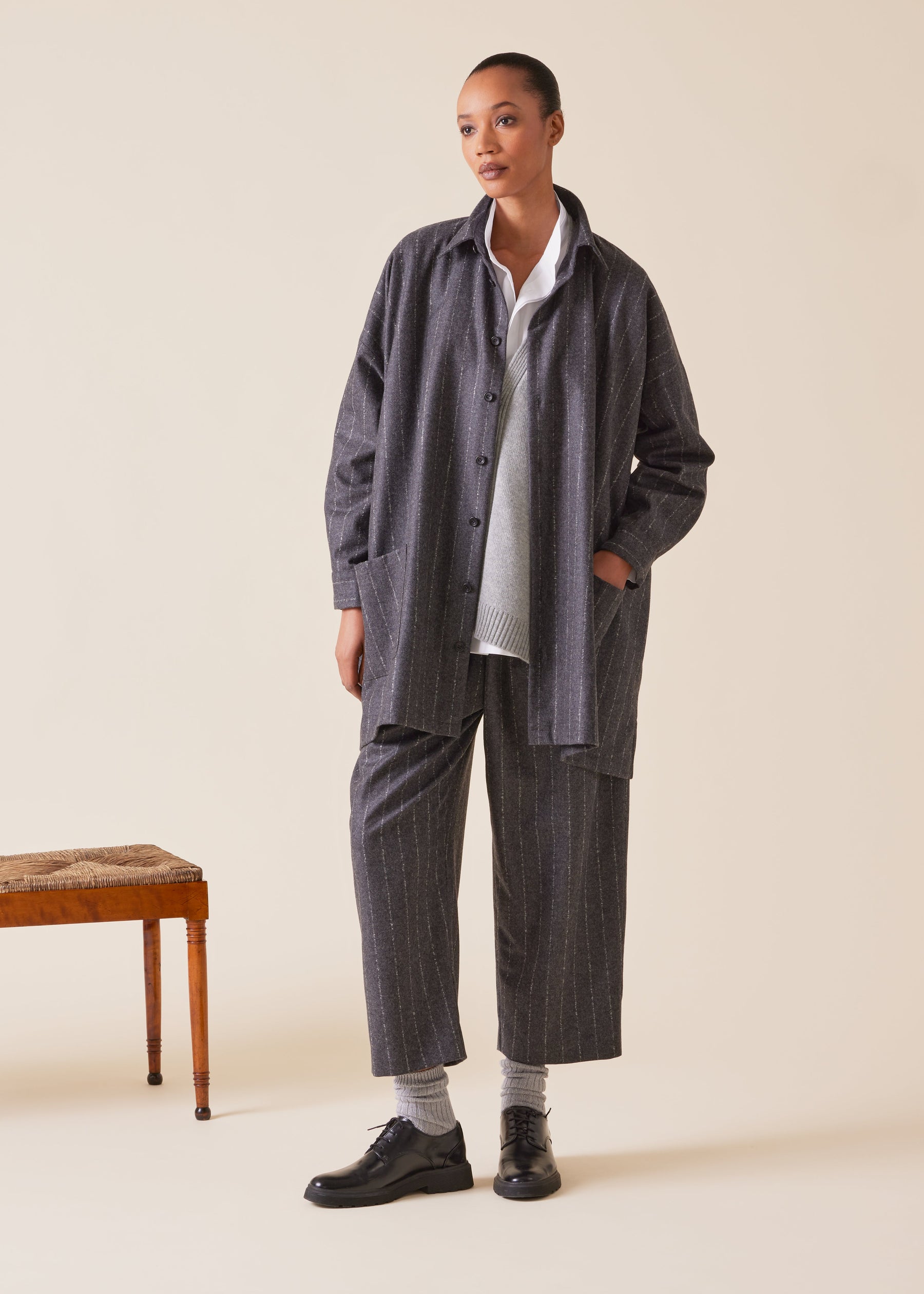 wool cashmere mix wide a-line shirt jacket with collar - long plus