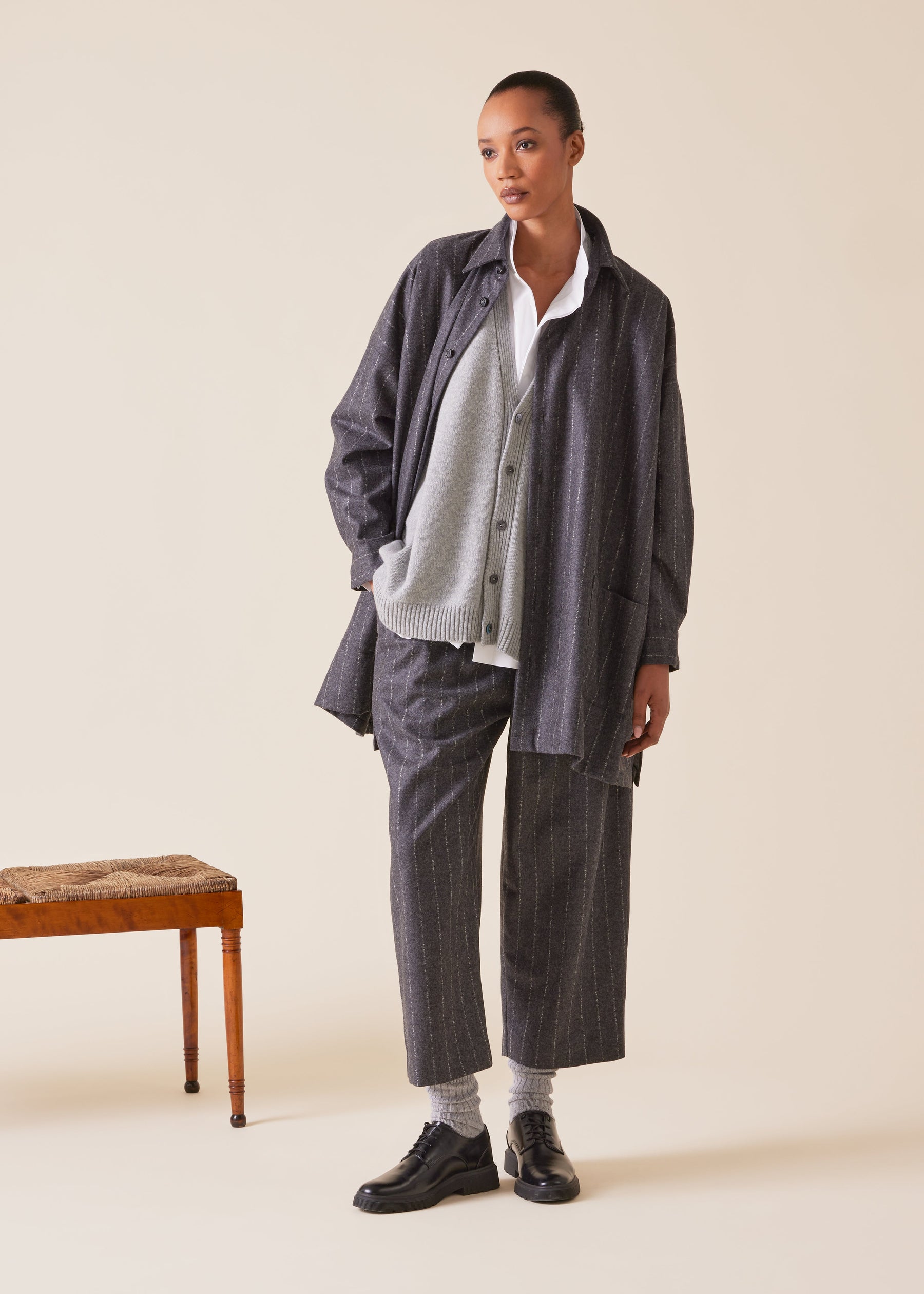 wool cashmere mix wide a-line shirt jacket with collar - long plus