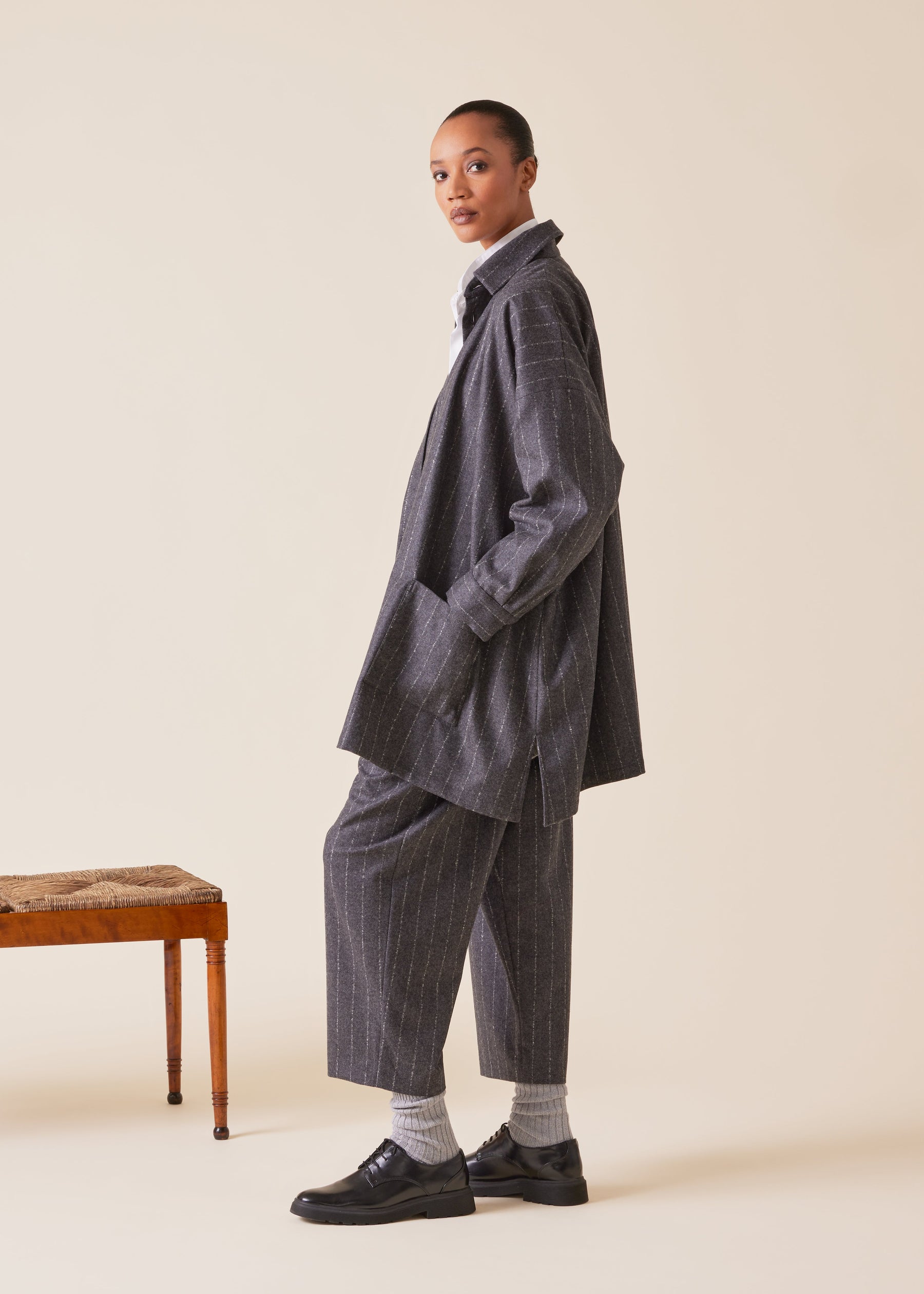 wool cashmere mix wide a-line shirt jacket with collar - long plus