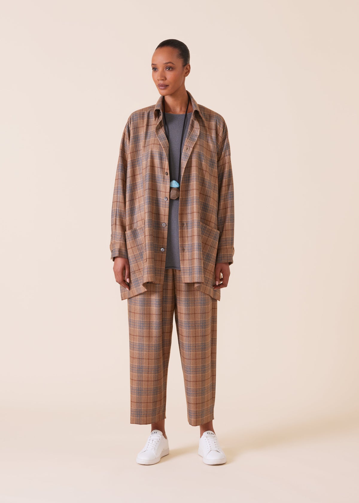 wool silk mix wide a-line shirt jacket with collar - long