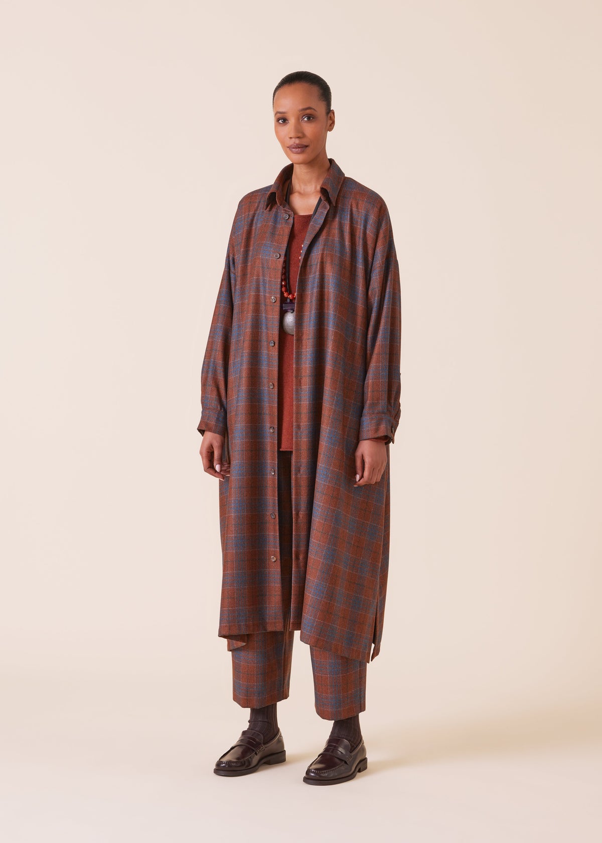 wool silk mix wide a-line shirt dress with collar