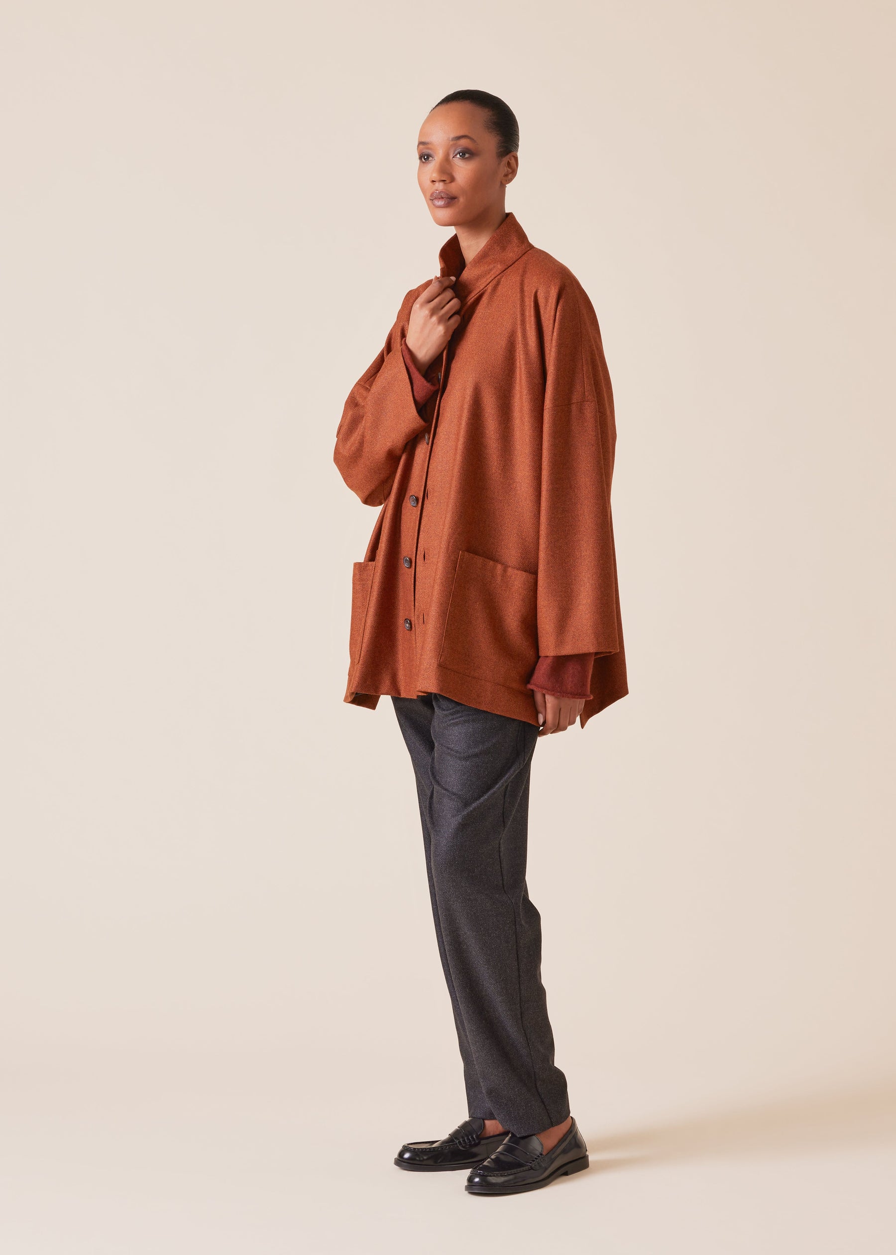 wool silk mix wide stand collar jacket - long