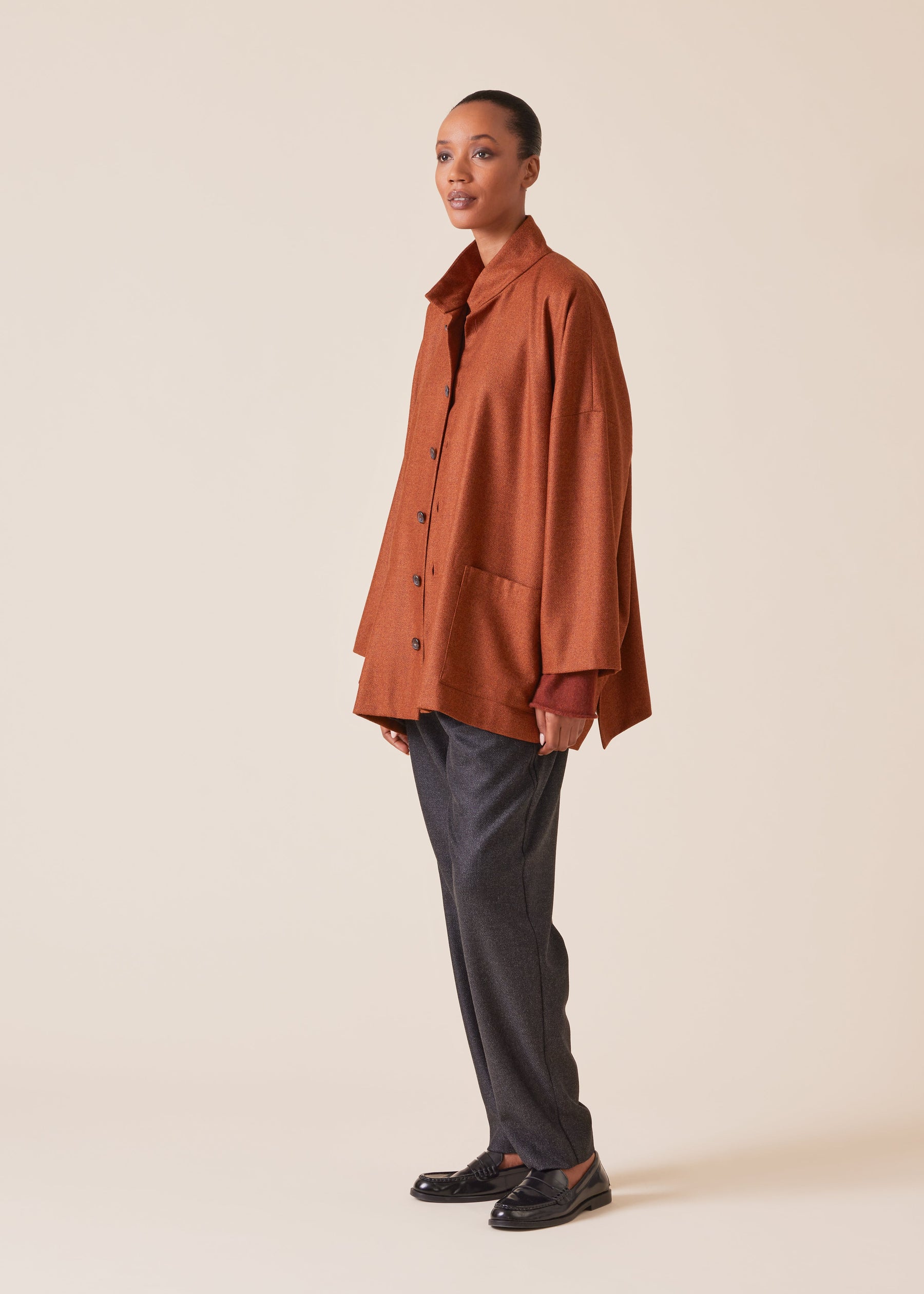 wool silk mix wide stand collar jacket - long