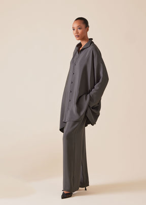 silk wide a-line shirt with open standup collar  - long plus